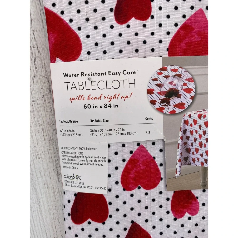 Colordrift Tablecloth 60x84 White Red Hearts Polka Dot Water Resistant Outdoor